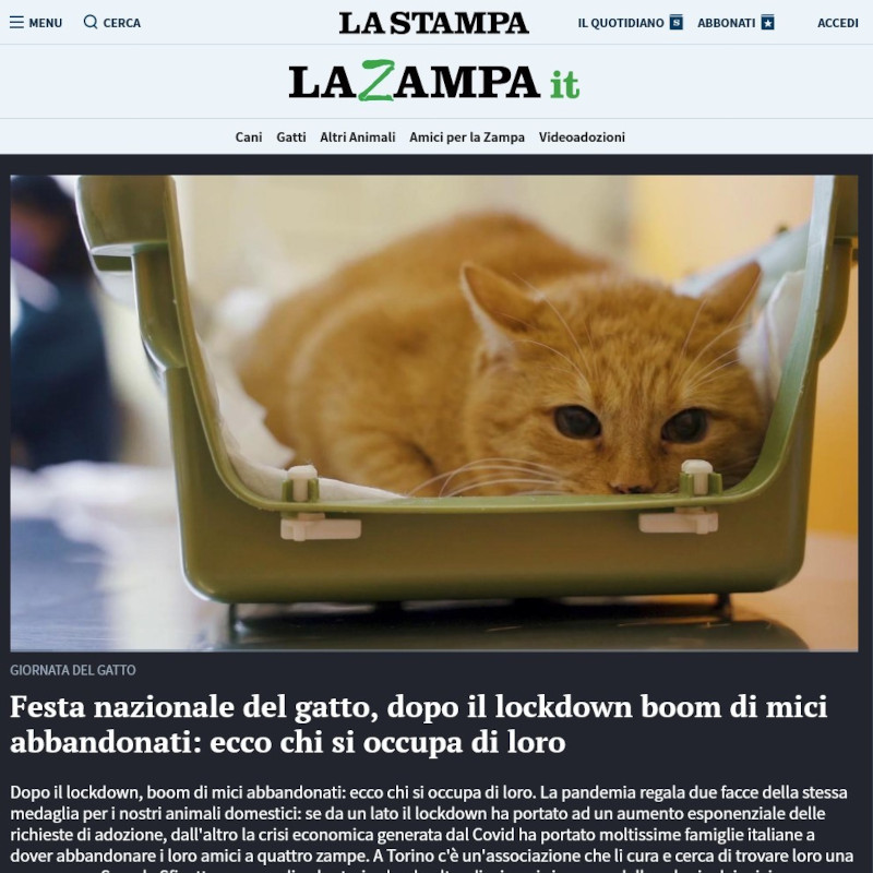Su La Stampa parlano di noi in occasione della Festa del Gatto! - Associazione Le Sfigatte